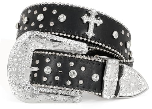 WERFORU Strass nitbälte för män kvinnor, västerländsk läderbälte för cowgirl cowboy vintage bling bälte för byxor klänning, B-svart (kors), Anzug für Taillenumfang 113-124cm