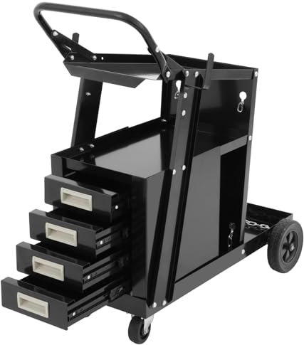 Carro de Soldadura Móvil con 2 Niveles, 111 kg de Capacidad de Carga, 4 Cajones,Ruedas 360°, Cadenas de Seguridad para Botellas de Gas, Carro de Taller para MIG, TIG y Cortador de Plasma