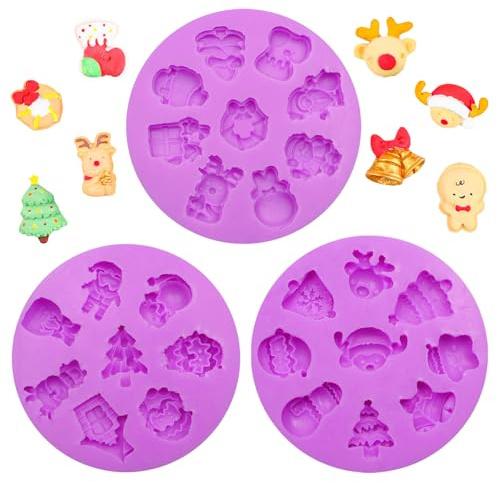 Christmas Silicone Molds, Christmas Tree Snowman Elk Bell Silicone Mold for Xmas New Year Party Cake Decorating Cupcake Topper Candy Chocolate Gum Paste Polymer Clay Set of 3