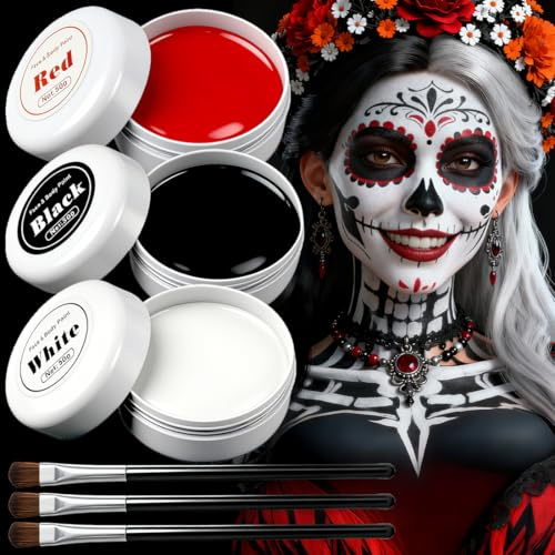 Karneval Schminke Schwarz Weiß Rot – 150g hochdeckendes Karneval Make Up Theaterschminke Set für Joker & Vampir, cremige Textur für Kinder & Erwachsene für SFX Makeup (Schwarz, Weiß & Rot, 150G)
