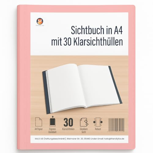 Friendly Fox Sichtbuch A4 mit Klarsichthüllen, Präsentationsmappe mit 30 Klarsichtfolien für 60 Sichten, Urkunden- oder Zeugnismappe, rosa