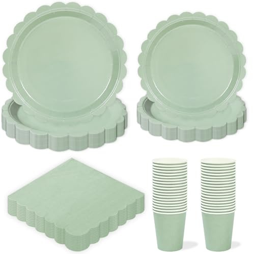 96Piezas Vajilla Fiesta Cumpleaños, Cubiertos Desechables Incluye Vajilla Verde Salvia Vasos Desechables Servilletas, Platos Desechable Elegantes para 24 Invitado Barbacoas Fiesta Cumpleaños Infantil
