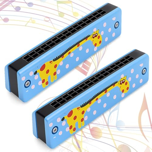 2 Pack Harmonica Kids, Kids Harmonica, Blue Giraffe Wooden Harmonicas, Musical Instruments for Beginners, Educational Toys for 3-8 Year Old Children, Ideal for Music Learning and Birthday Gifts