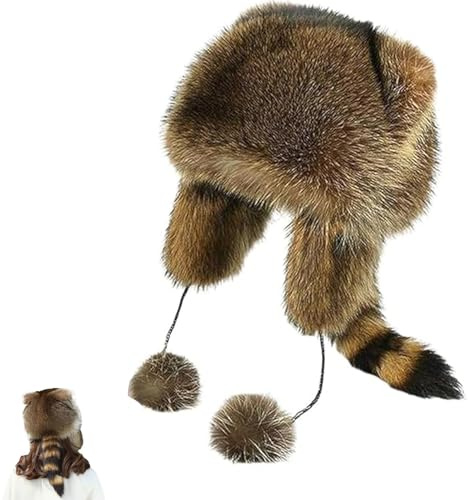 Cappello invernale in peluche di procione, caldo cappello peloso con coda di procione, per adulti e bambini, morbido cappello a forma di animale in finta pelliccia per il freddo, all'aperto, Adulto