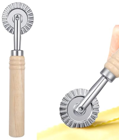 Fluted Pastry Cutter Wheel, Stainless Steel Ravioli Cutter Wheels, Sturdy Pasta Cutters Wheel, Ravioli Crimper Cutters Wheels with Long Wooden Handle for Home and Kitchen - 1.5 Inch Diameter