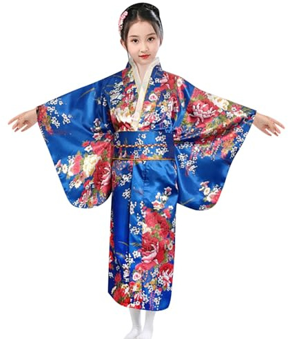 Genérico Kimono Japonés Niñas Bata Estilo Tradicional Japonés Bata Yukata Imitación Seda Disfraces Cosplay Vestido Fiesta Niñas con Abanico Plegable y Calcetines Tabi