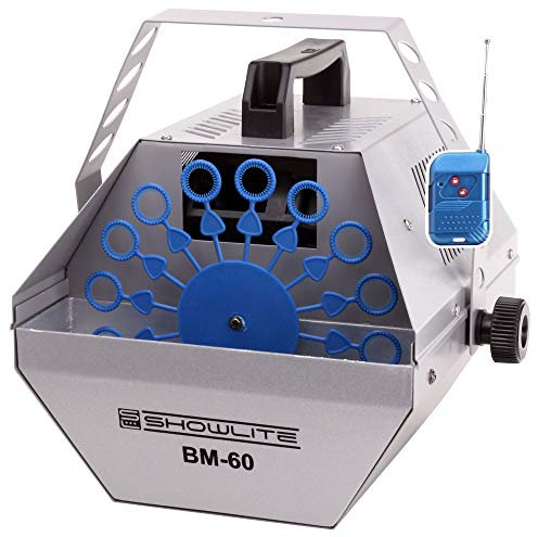 Showlite BM-60 Seifenblasenmaschine 60W mit Funk Fernbedienung (0,6l Tank, 2-3 Stunden Laufzeit bei vollem Tank, Party Effekt, Disco Bubbles) Silber