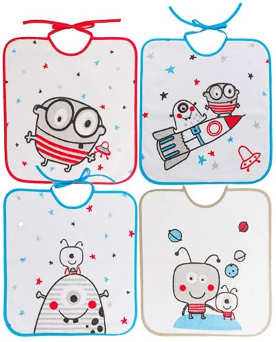 Ti TIN Baberos guardería grandes 36×33 cm – Pack 4 de rizo algodón suave y absorbente, cierre con cintas, lavables y aptos secadora – Recomendados para escuela infantil y bebés 12+ meses. Estampados
