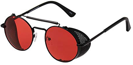 Ultra Black with Red Lenses Steampunk Deep Blinder Sunglasses Retro Women Mens Round Goggles Metal Gothic Circle Cyber Cosplay Glasses UV400 Unisex Retro Sunglasses Round Glasses Steam Punk