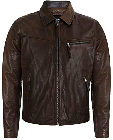 Men's Smart Brown Real Soft Genuine Cow Leather Classic Collar Harrington Jacket