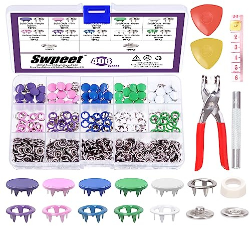 Swpeet 100Sets - 407Pcs 3/8 2 Styles 5 Colors Solid and Hollow 5 Prong Metal Snaps Buttons with Snap Fasteners Tool Fastener Pliers and Tailor's Chalk Assortment Kit, Snap on Buttons for DIY Craft