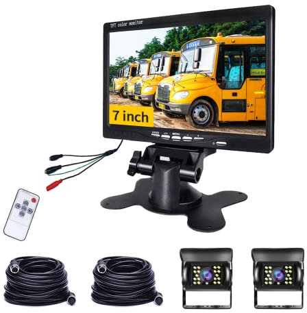 Reversing Camera Kit with 7 Inch LCD Monitor & 2 Backup Camera, IP68 Waterproof, 18IR Night Vision, Hodozzy Rear View Camera 4-Pin Cable Parking Aid for Car Truck/Trailer/Bus/Van/Caravan (12V-24 V)