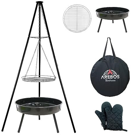 Arebos BBQ Schwenkgrill | Holzkohlegrill mit Feuerschale Ø 51 cm | Dreibein für Gulaschkessel | Grillrost Ø 49 cm | Grillgestell mit Feuerwanne | höhenverstellbare Kette 228 cm | Kohlegrill