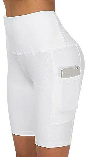 Boolavard Short pour Femme avec Poches – Pantalon Court Taille Haute pour Le Contrôle du Ventre, Le Yoga, la Course à Pied, la Gym (XXL, Blanc)