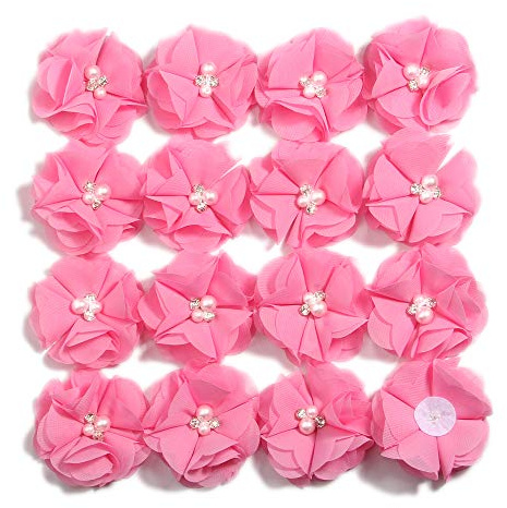50 Pcs 2 Mini Chiffon Flowers with Rhinestones for Baby Girls Hair Accessories Artificial Fabric Flowers for Headbands Craft Projects (Deep Pink)