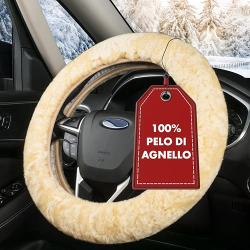 Walser Lammfell Lenkradbezug Auto, 100% Lenkradschutz, Lenkrad Bezug, Winter Zubehör, Wärmer, Beige, 37-39 cm Durchmesser