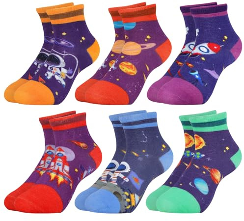 Queenshin 6 Pares Calcetines Niño Infantiles Astronauta Espacio Cohete Planeta Colorido Calcetín Tobillero Cómodo Regalos 9-14 años Tamaño 32-38