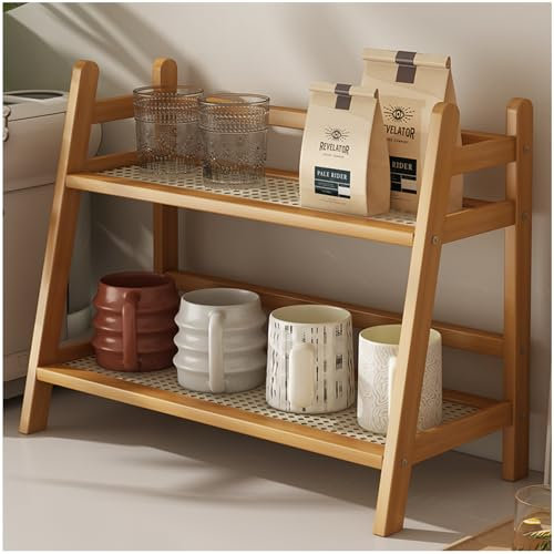 AIRCADIA Küchen Organizer 2 Tiers Bambus Nachahmung Rattanweberei Deko Küche,Tassenregal Stehend Küche Aufbewahrung & Organisation Kaffeepads Aufbewahrung,Tee Organizer Tassenhalter(Holz 40)