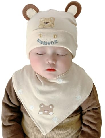 Hybursky Baby Beanie Hat with Triangle Scarf Kit, Cute Bear Ears Infant Cotton Hat with Dribble Bibs, Warm Newborn Beanies Cap Baby Bandana for 0-12 Months Toddler Boys Girls (Beige)