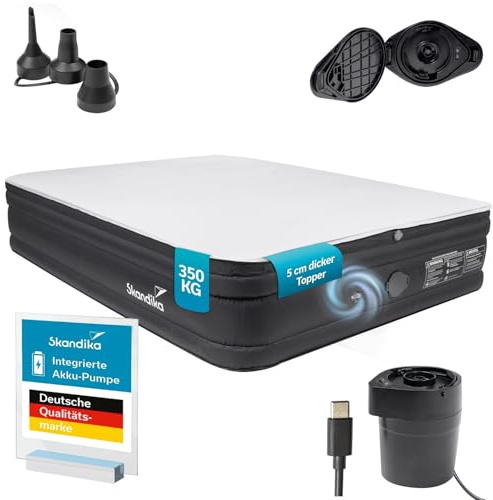 Skandika Matelas Gonflable Double Sveja Flex Plus | Matelas pneumatique 2 Personnes, avec Pompe Rechargeable et surmatelas, 200 × 151 × 37 cm, Max 350 kg | Lit d'appoint, Tente, Camping