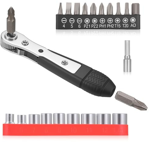 JiuXinYuKeJi Ratchet Screwdriver Set, Mini Short Ratchet Right Angle Screwdriver Set, with Cross Flat Square Pozidriv Torx Hex Bits, Offset Screwdrivers Set