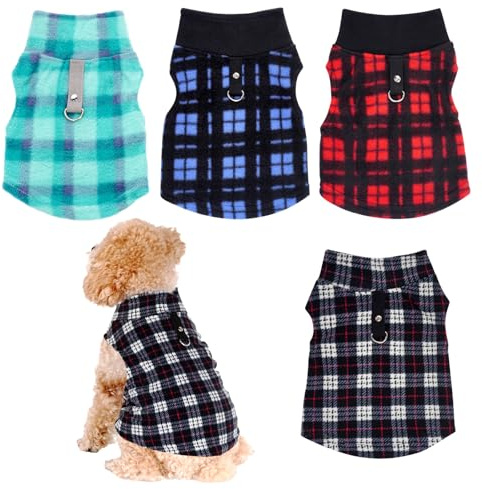 Rbenxia 4 Pieces Buffalo Plaid Dog Sweaters with Leash Ring Soft Fleece Vest Dogs Pullover Warm Jacket Pet Dogs Clothes Winter Dog Outfits for Small Puppy Cat Pets (Green, Blue, Grey, Red, Small)