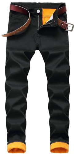 Men's Fleece Lined Jeans Jean Pants Cold Weather Warm Thick Pants with Pockets Mens Stretch Thermal Snow Jeans with Fleece Lining Thicken Denim Workwear for Hiking Camping Climbing Black 34