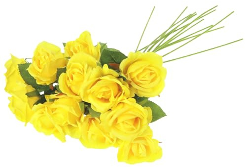 QWORK® 12Pcs Artificial Roses, Yellow Roses Artificial Flowers With Long Plastic Stems For Wedding Table Centerpieces, Home Decor