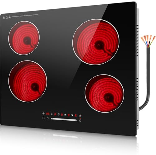 Alemania Placa Vitrocerámica 60 cm 4 Zonas 6000W, Placa Eléctrica Empotrable con Control Deslizante, 9 Niveles de Potencia, Temporizador 1-99 Min, Pausa, Mantener Caliente, Bloqueo Infantil