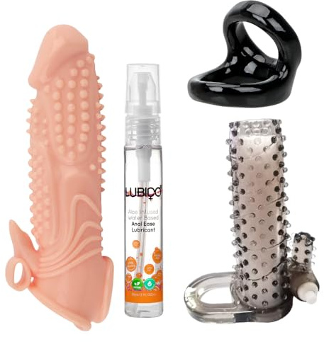 Sex Toys Penis Sleeve Dildo for Men, Adult Mens Sex Toýs Silicone Cock Sleeve Enlarger Sleeve Dual Lock Cock Ring 4-Pc Set 30ml Lube Realistic Penis Extender for Enhanced Erection