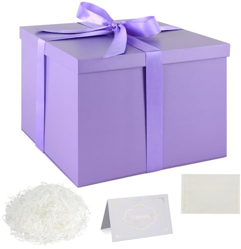 Gift Box Set, Purple Gift Boxes with Lids 24 x 24 x 18 cm Deep Gift Box with Ribbon Shredded Tissue Paper Greeting Cards for Christmas Birthday Wedding Anniversary