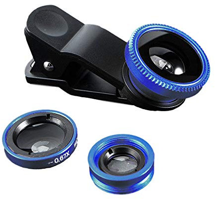 Set de Objetivo 3 en 1 para teléfono móvil, Adaptador de cámara con Clip para Smartphones – Objetivo Ojo de pez (Lente Ojo de pez de 180°) + Gran Angular (0,67 x Wide) + Objetivo Macro (10 x) (Azul)