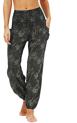 Nuofengkudu Damen Hippie Harems Hose Pumphose Haremshose Aladdinhosen Boho Gemustert Gesmockte Taille mit Taschen Yogahose Freizeithose Sommerhose Strandhose(Y-Muster C,One Size)