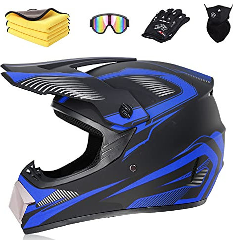 Ruiqieor Motorradhelm Motocross Helm Kinder Cross Helms Motorbike ATV MTB Freien Sport Motorcycle Helmet Set mit Handschuhen Brille,Black Blue,S:52-56cm