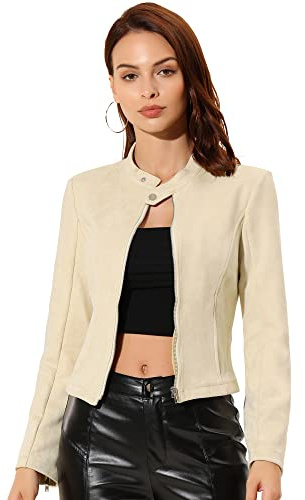 Allegra K - Chaqueta de piel sintética para mujer, con cuello levantado, cremallera, manga larga, estilo motociclista, beige, S
