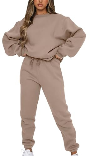 amropi Trainingsanzug Damen Pullover Sweatshirt und Jogginghose Warm Vlies Kleidungsset (Braun,XL)
