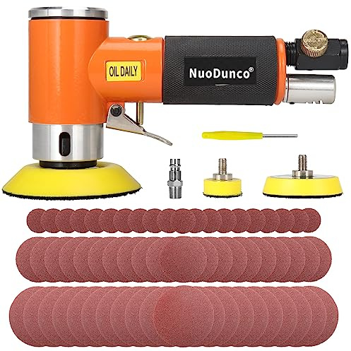 NuoDunco 1/2/3 Inch Mini Random Orbital Air Sander Kit Industrial Grade Pneumatic Sander for Auto Body Work with 60 Pcs 123 Hook & Loop Sanding Discs for Metal & Woodworking