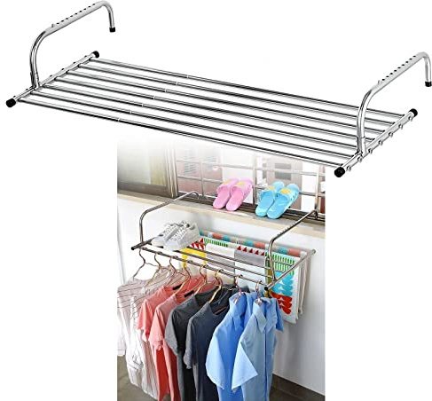 whalebee Stendibiancheria da Telescopico Stendino in Acciaio Inox per Interno Esterno Larghezza 50 A 158cm Portata 20 kg Ribaltabile Stendino per Balcone Termosifone Terrazza Davanzale