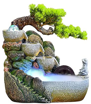 Tabletop Fountain Indoor Indoor Desktop Fountain Waterfall Zen Meditation Indoor Waterfall Feature with Automatic Pump Artificial Trees and Illuminated Waterfall for Home Office Bedroom Desk Décoratio
