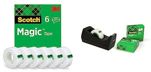 Scotch Magic Invisible Tape, 19 mm x 33 m, 6 rolls & Scotch Tischabroller schwarz – Klebebandabroller inkl. 3 Rollen Scotch Magic transparentes Klebeband (19 mm x 33 m)