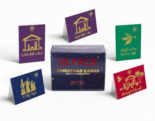 Better Office Products 50 Pack Religious Christmas Cards with Embossed Gold Foil Accents, 5 x 7, High Gloss, Gold Foil Interior Greeting, with 50 Envelopes, 50 Count Boxed Assortment