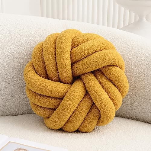 Vdoioe Cuscino rotondo con nodo giallo, 35 cm, morbido cuscino a sfera in peluche fatto a mano, cuscino annodato moderno decorativo per la casa, cuscino annodato per letto, camera da letto, divano,