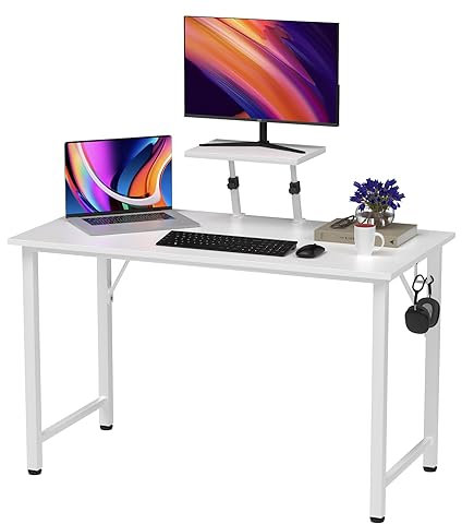 PIPIPOXER Bureau d'Ordinateur 100x50x75cm-91cm, Table PC Gaming et d'Écriture, avec Support d'Écran et Crochet, Cadre en Métal, pour Étudier,Jouer,Travailler,Chambre,Blanc