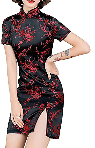 Costume tradizionale cinese da Cheongsam, a maniche corte, con stampa, spacco laterale, per feste del Capodanno Cinese, a vestito lungo e aderente, S