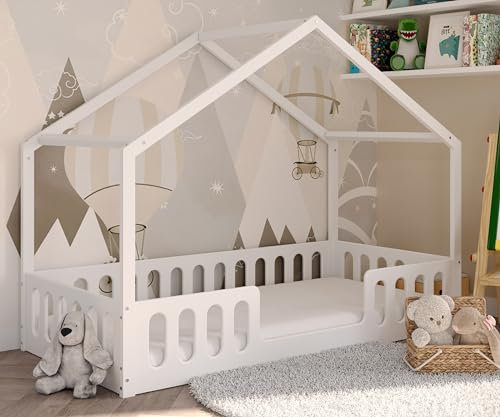 CADANI Janne 2in1 Hausbett 200x90 cm Weiß, Flexibler Rausfallschutz abnehmbar, Kinderbett Umbaubar, Montessori Design, Holzbett mit Lattenrost