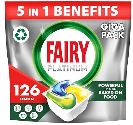 Fairy Platinum All-In-1 Lemon Dishwasher Tablets, 126 Tablets, Bulk Pack for Powerful Cleaning Action
