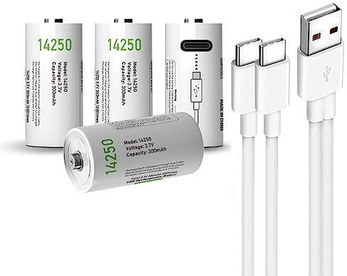 USB 14250 Lithium Ionen Aufladbare Akkus, 3.7V 300mAh wiederaufladbare batterien 1/2 AA Größe kann Batterien 3.6 Volt LS14250 ER14250 CR14250 ersetzen Akku, Typ C Ladekabel, Überladeschutz, 4er-Pack