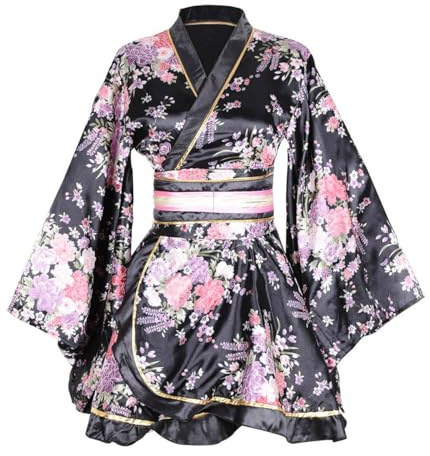 ZNLFS Robe Japonaise Kimono pour Femmes Costume Cosplay Anime Yukata de Danse Peignoir en Soie Déguisement Fantaisie, Noir , Taille unique