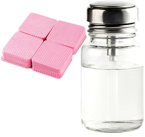 FSpronail Pump flaskdispenser 120 ml klar nagellacksborttagare pump glas metall push down-pumpdispenser 200 st luddfria nageltorkdukar alkoholdispenser ögonsminkborttagningspump tryck ner tom flaska