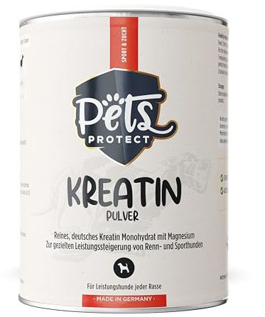Pets Protect kreatin monohydrat pulver hundar – fodertillskott sporthundar & tävlingshundar med magnesium – kompenserar för näringsbrist hund – foder sporthundar kosttillskott – testat